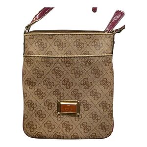 Guess Logo Brown Monogram Crossbody Bag with Pink Trim
